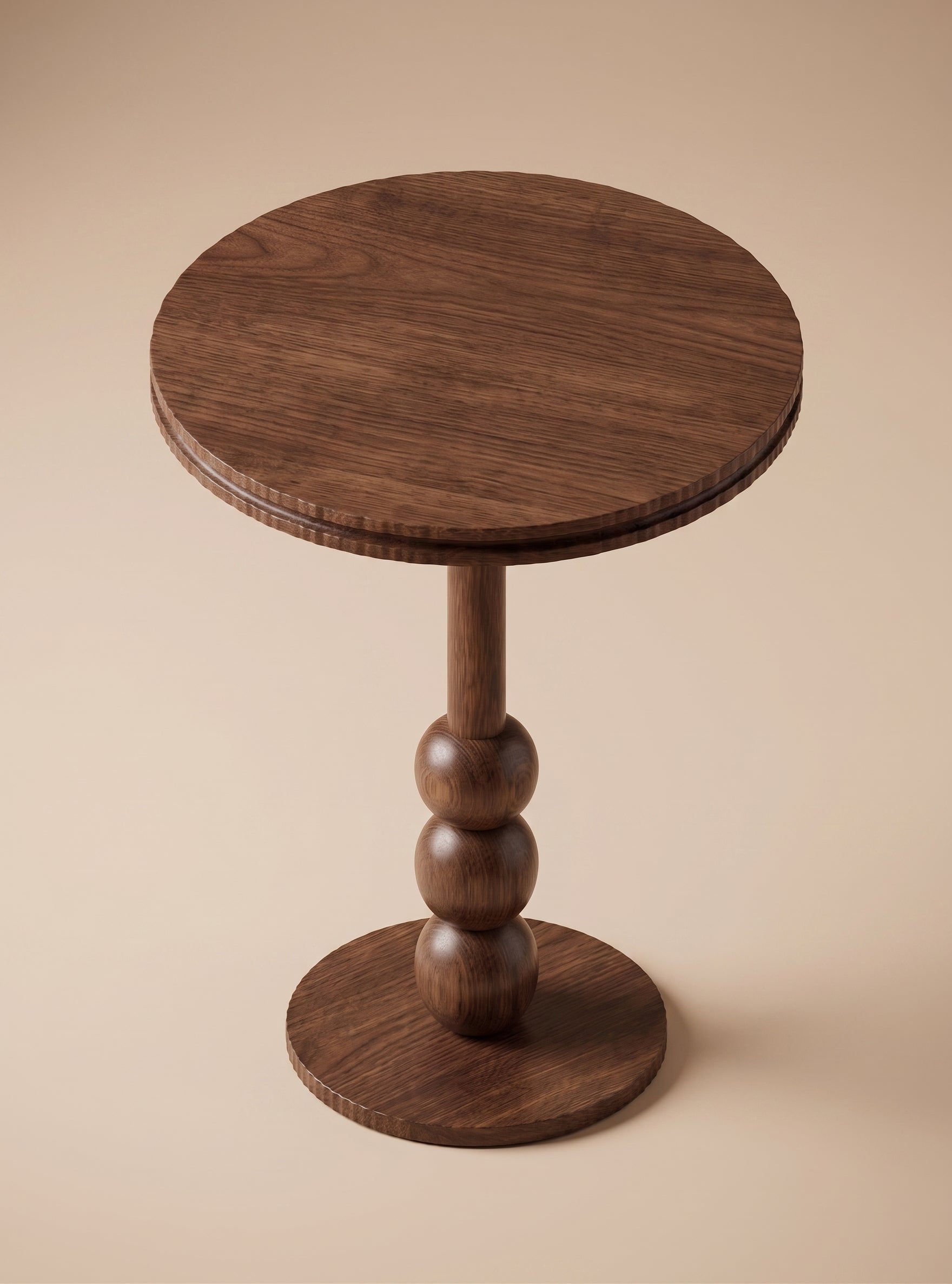Supellex Home mesa auxiliar redonda Aitana en madera maciza de nogal con superficie circular y pilar escultural de esferas torneadas - vista en perspectiva