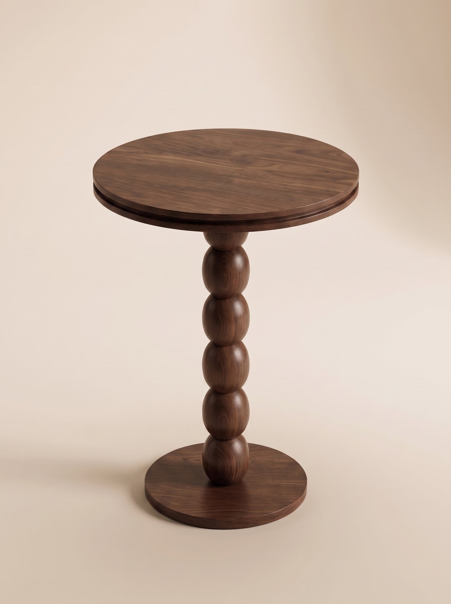 Supellex Home mesa auxiliar redonda Anaia en madera maciza de nogal con superficie circular y columna escultural de esferas torneadas - vista en perspectiva