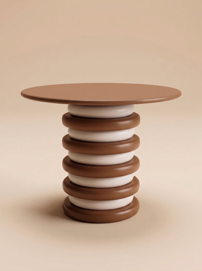 Supellex Home mesa auxiliar redonda Querta con tapa circular en color marrón topo y pedestal cilíndrico de anillos apilados en tonos marrón y blanco - vista en perspectiva