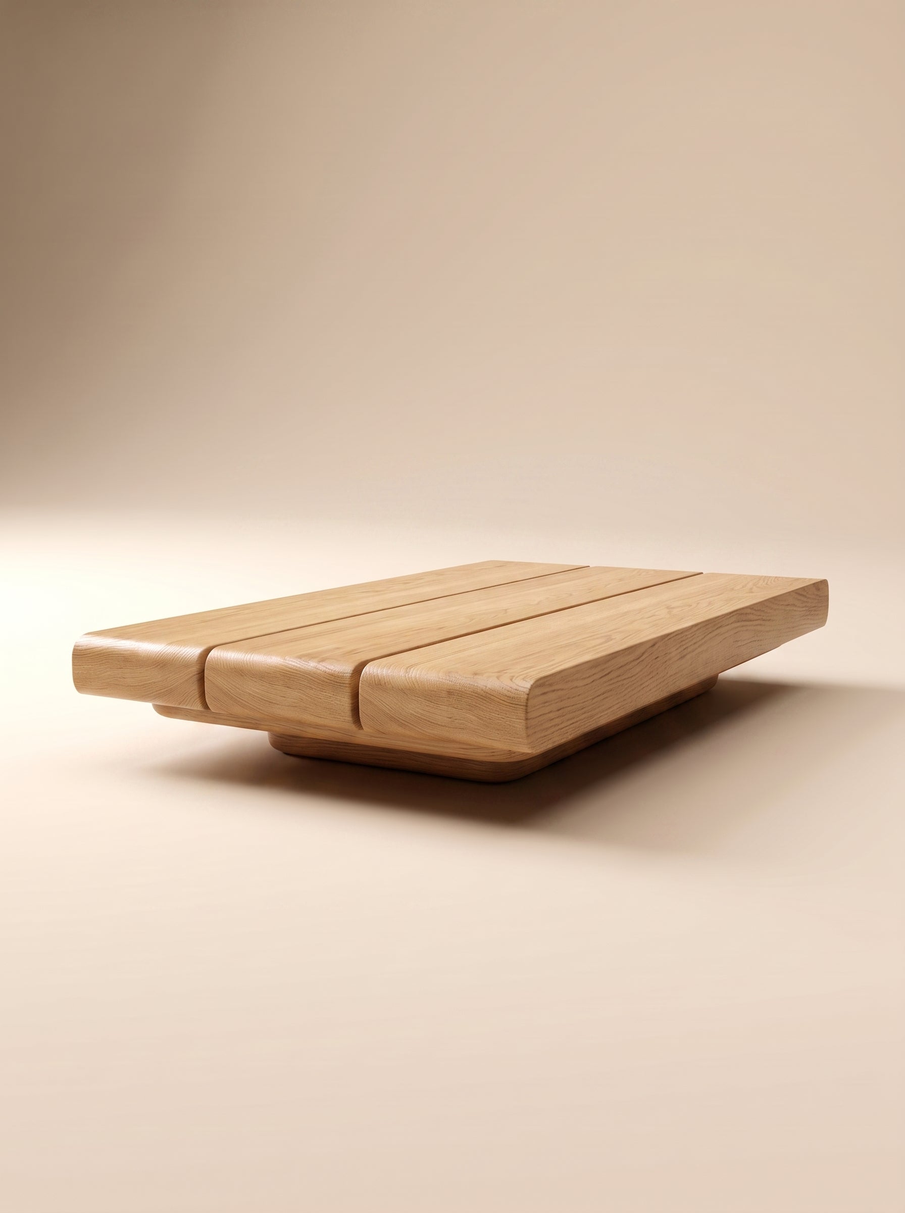 Supellex Home mesa de centro baja Velia rectangular compuesta por listones curvos en madera maciza natural clara - vista en perspectiva