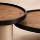 Supellex Home mesas de centro Kaia y Koi detalle en primer plano de superficies en madera nogal con marco biselado negro y niveles escalonados