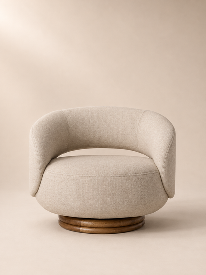 Supellex Home poltrona giratoria Bao tapizada en lino color beige con base redonda de madera - vista frontal