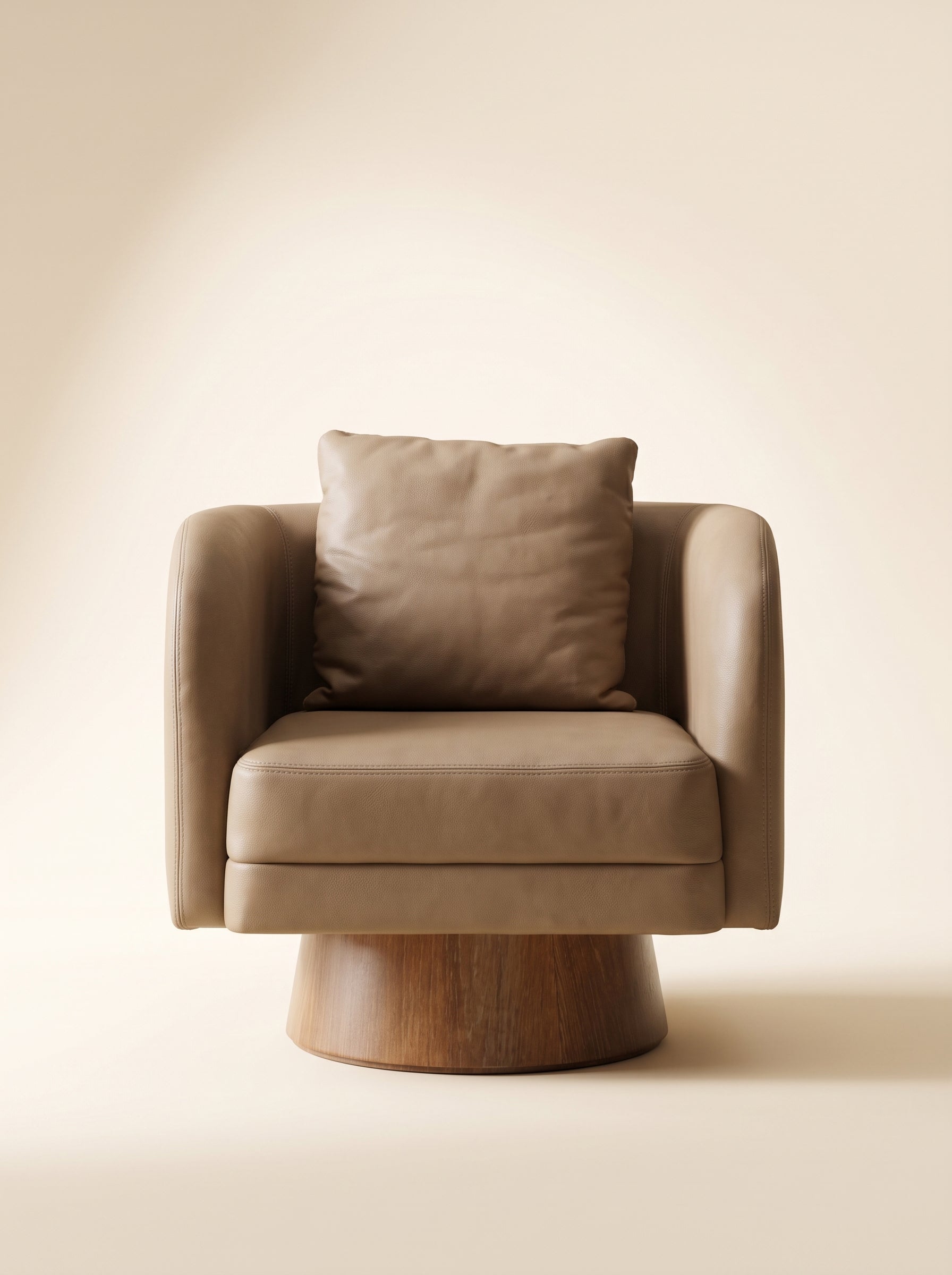Supellex Home poltrona giratoria Mara tapizada en cuero color café topo con cojín lumbar y base en madera - vista frontal