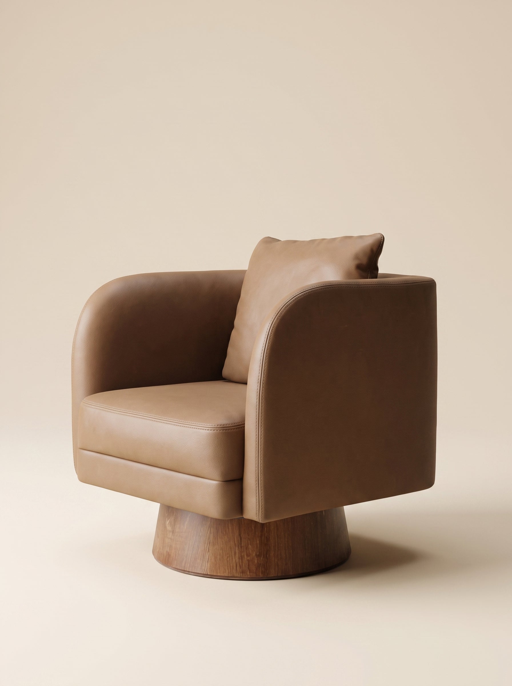 Supellex Home poltrona giratoria Mara tapizada en cuero color café topo con cojín lumbar y base en madera - vista en perspectiva tres cuartos
