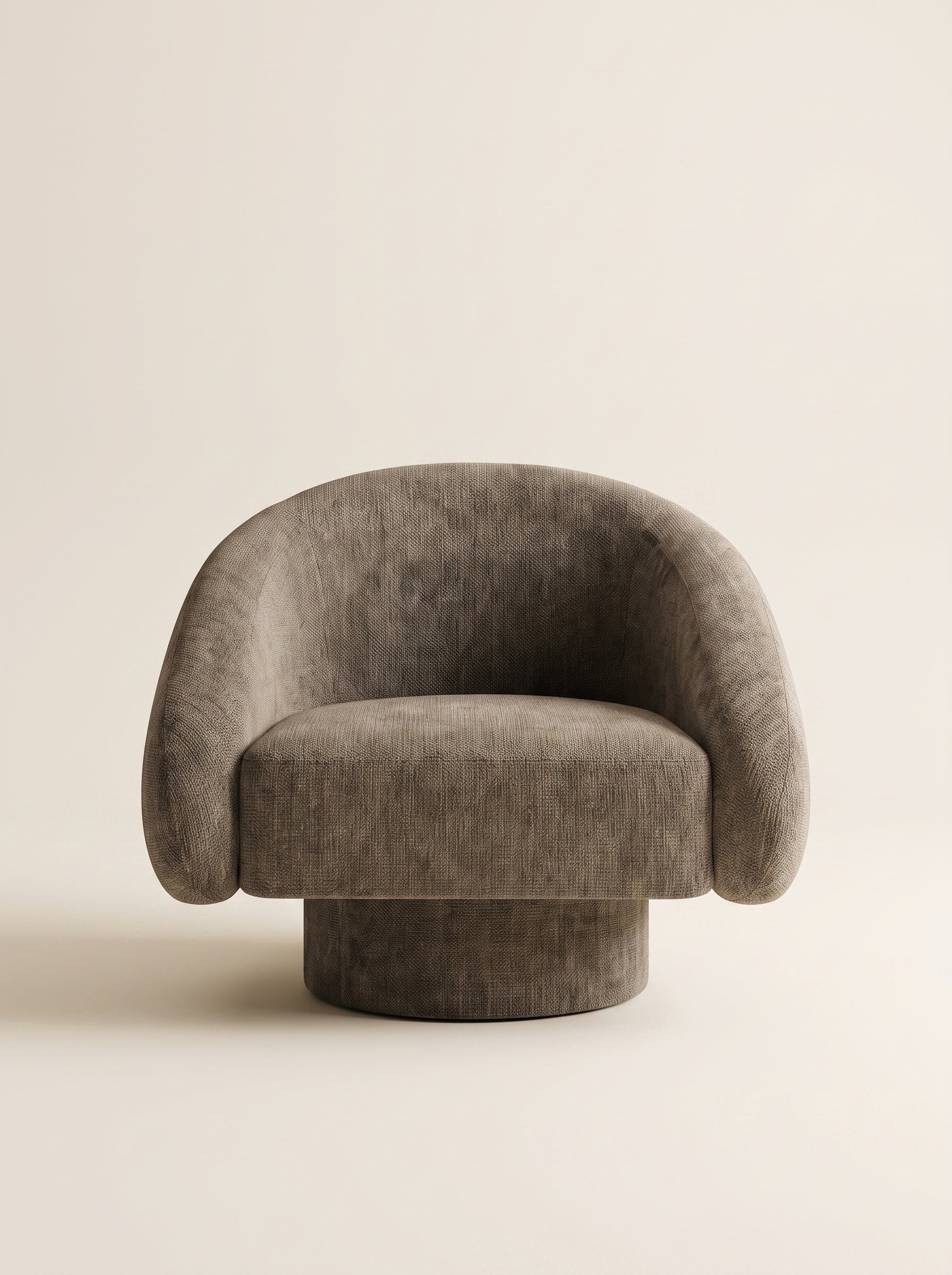 Supellex Home poltrona Taru tapizada en tela texturizada color gris topo con base redonda tapizada - vista frontal