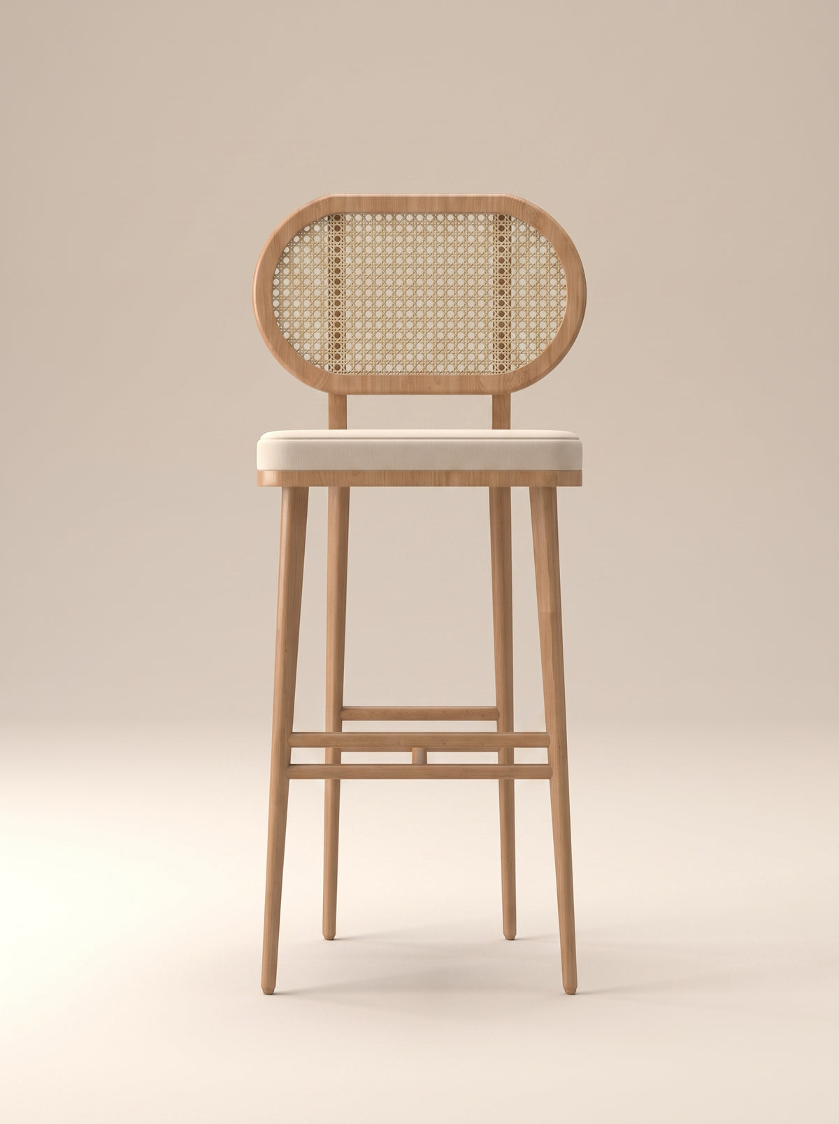Supellex Home silla de barra Acre color beige con respaldo ovalado en esterilla y estructura en madera natural - vista frontal