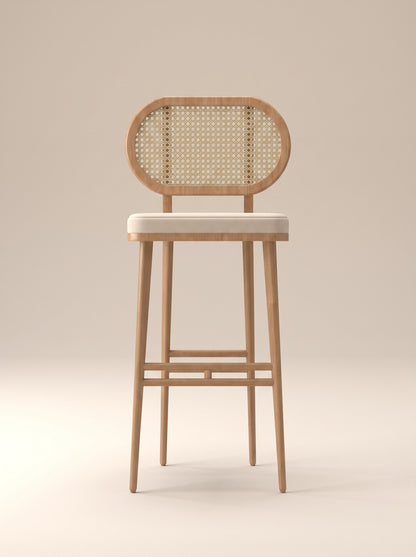 Supellex Home silla de barra Acre color beige con respaldo ovalado en esterilla y estructura en madera natural - vista frontal