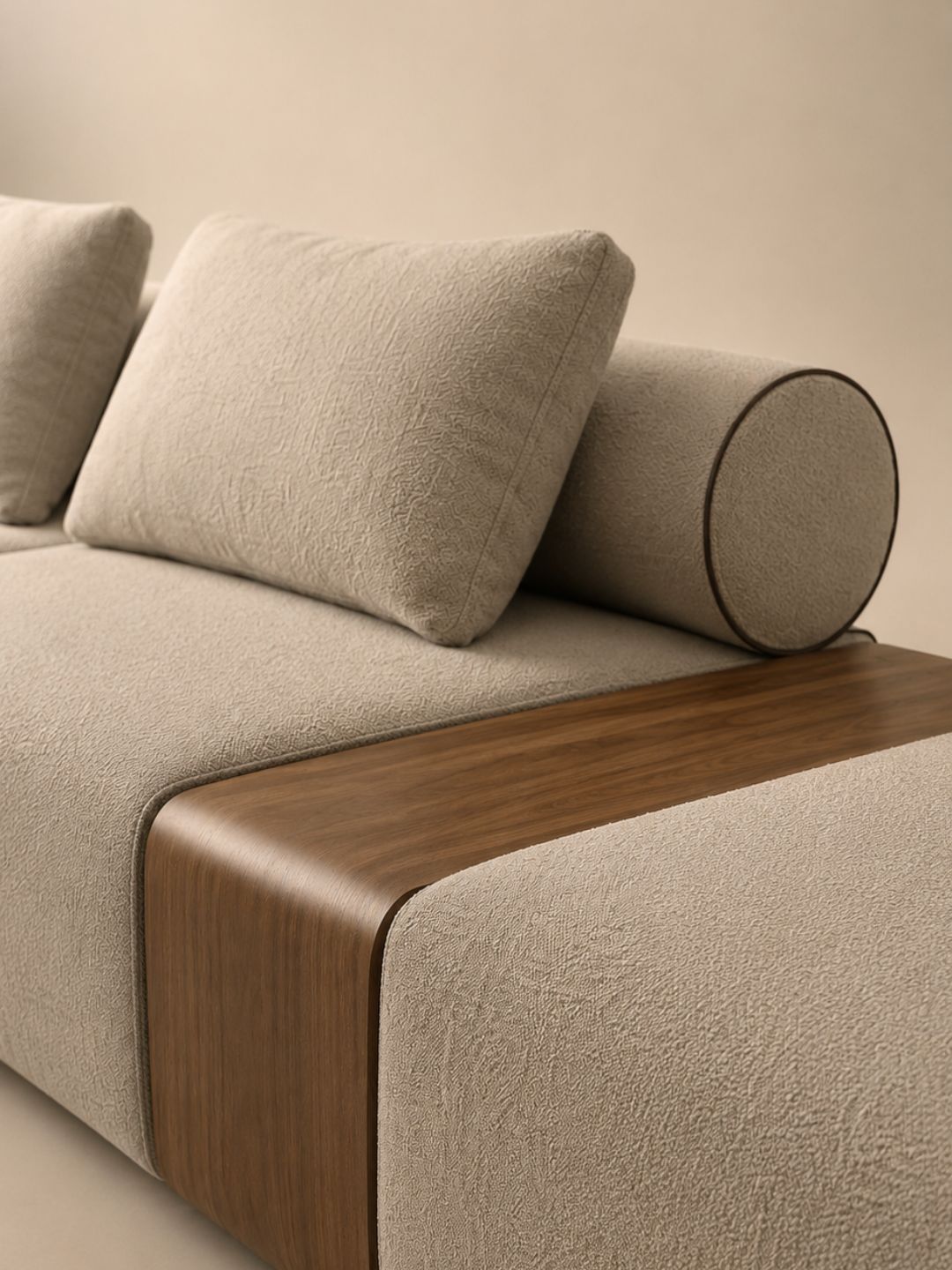 Sofá modular de tres plazas Galo tapizado en tela beige con ribetes oscuros, respaldo cilíndrico con correas de cuero y cojines decorativos.