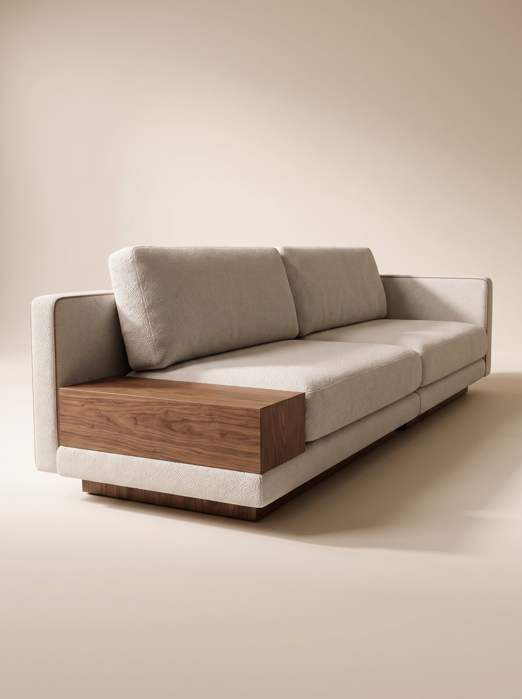 Sofá modular contemporáneo de dos puestos en tela bouclé color marfil con mesa auxiliar lateral y zócalo inferior en madera natural.